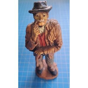 Vintage Hand Carved Painted Wooden Prospector Pipe Smoking figurine 7 Inch